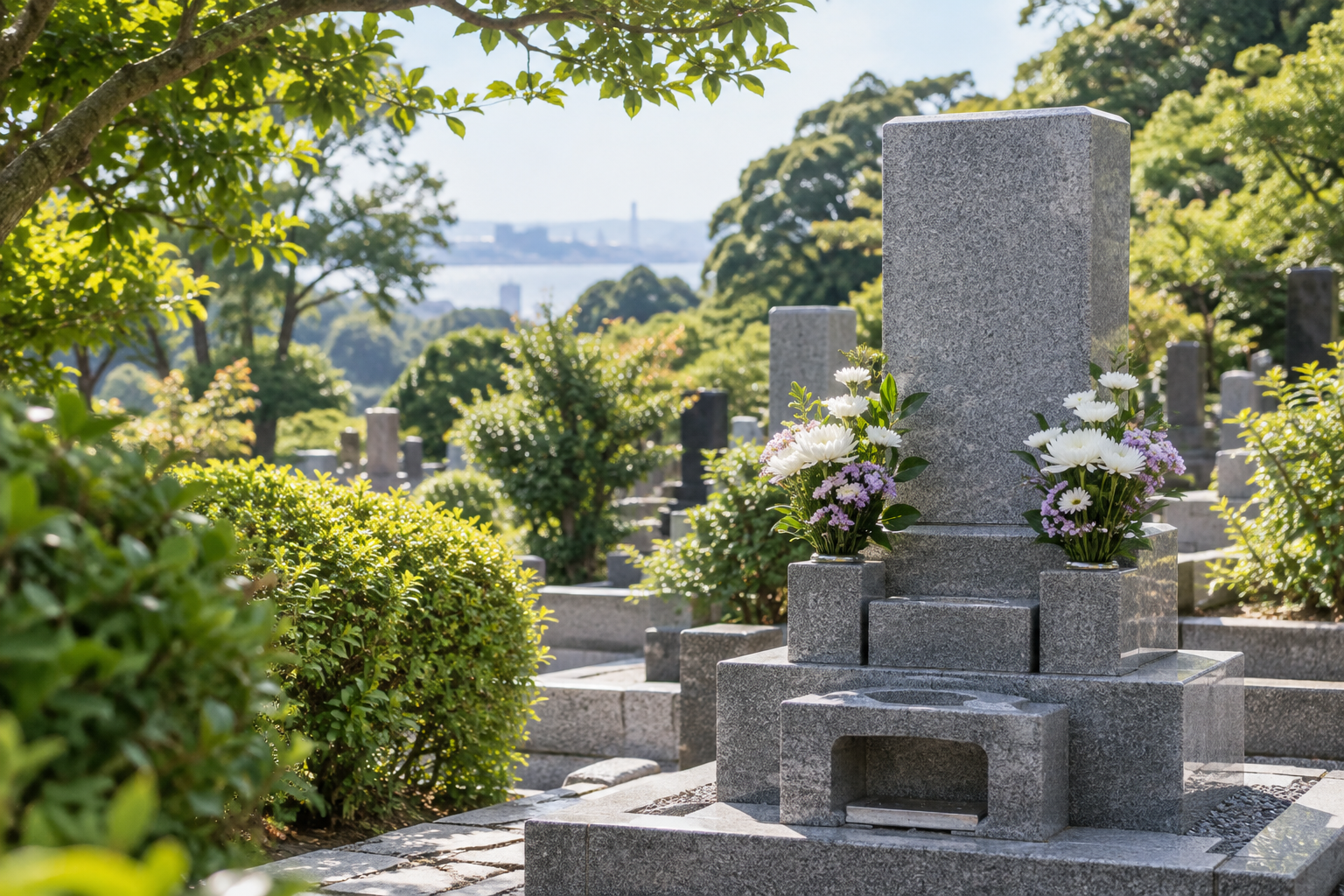 木々に囲まれた墓所と、白と紫の供花。サービスのイメージ